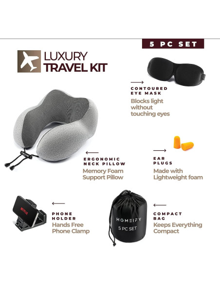 Kit de Viaje Homeify 4 Piezas - Almohada de Cuello y Más