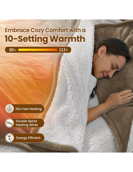 Manta Eléctrica Bearhug 196x213 cm Taupe Terciopelo Sherpa