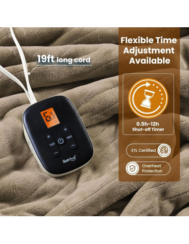 Manta Eléctrica Bearhug 196x213 cm Taupe Terciopelo Sherpa