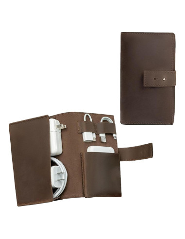 Estuche Organizador Electrónico de Viaje Cuero Café 18x23.5cm