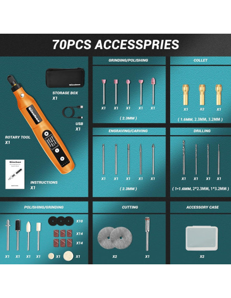 Herramienta Rotativa Inalámbrica GINELSON 3.7V 5 Velocidades 70 Accesorios