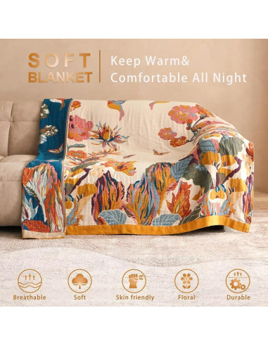 Manta Boho Wzvzss 100% Algodón 127x152cm Floral Reversible