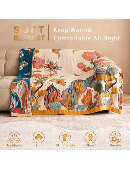 Manta Boho Wzvzss 100% Algodón 127x152cm Floral Reversible
