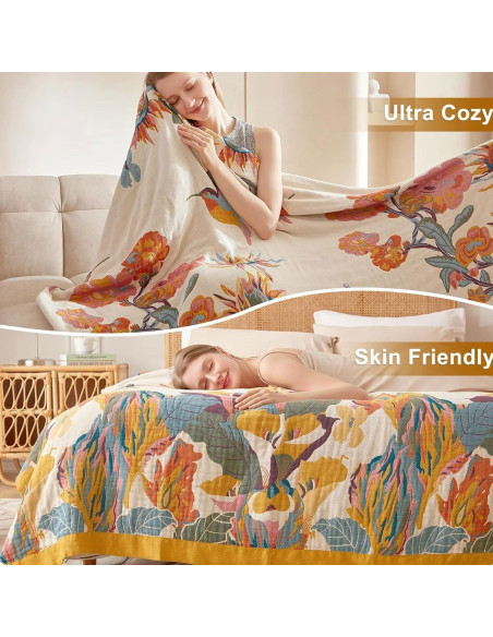 Manta Boho Wzvzss 100% Algodón 127x152cm Floral Reversible