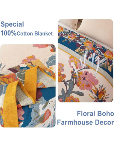 Manta Boho Wzvzss 100% Algodón 127x152cm Floral Reversible