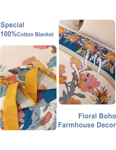 Manta Boho Wzvzss 100% Algodón 127x152cm Floral Reversible