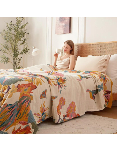 Manta Boho Wzvzss 100% Algodón 127x152cm Floral Reversible