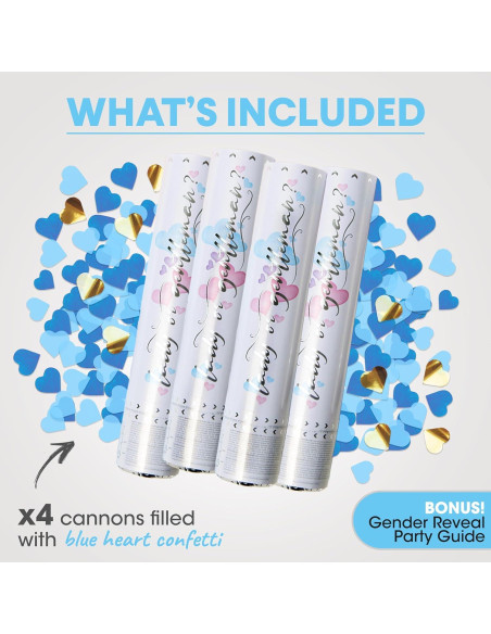 Cañón de Confeti Revelación de Género PrimePure - 4 Corazones Azules