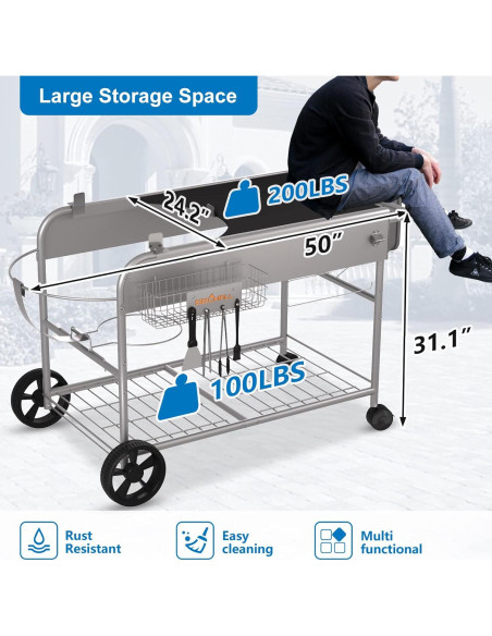 Carrito de Parrilla BBQMall para Weber 22" y 18" - Mesa Resistente