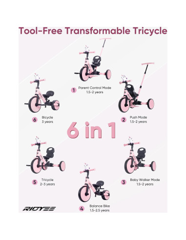 Triciclo 5-en-1 RIDYEE Rosa para Niños 1.5-3 Años