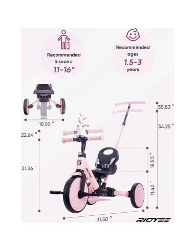 Triciclo 5-en-1 RIDYEE Rosa para Niños 1.5-3 Años