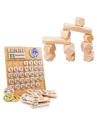 Conjunto de Juguetes Montessori Panda Brothers - Piedras de Equilibrio y Calendario de Madera