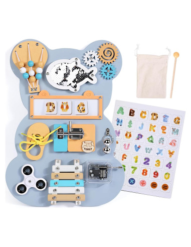 Tablero Sensorial Montessori Oso Azul 43x33 cm para Niños 3-6 Años