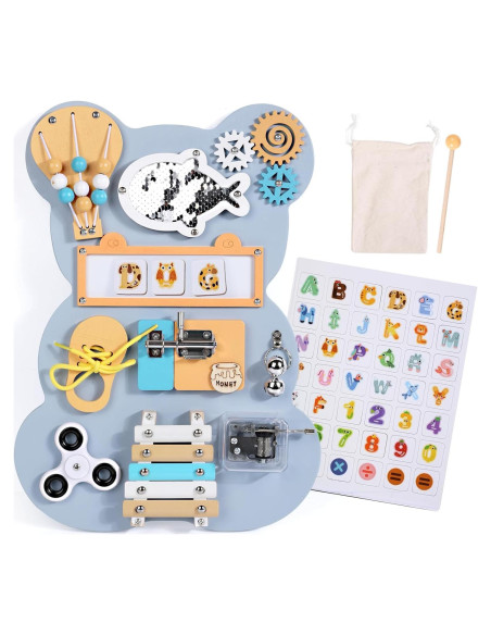 Tablero Sensorial Montessori Oso Azul 43x33 cm para Niños 3-6 Años