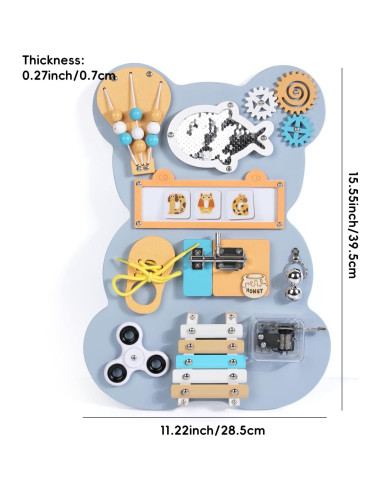 Tablero Sensorial Montessori Oso Azul 43x33 cm para Niños 3-6 Años