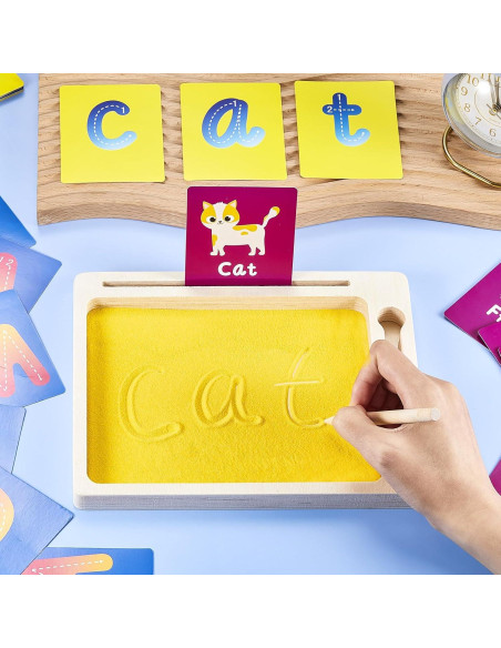 Bandeja de Arena Montessori de Madera con Tarjetas y Bolígrafo Bandeja de Arena Montessori de Madera con Tarjetas y Bolígrafo