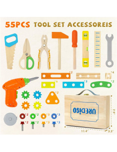 Juego de Herramientas para Niños UREDISO con Taladro Eléctrico 55 Piezas 2