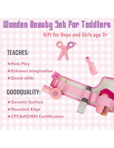 Set de Juguetes de Salón de Belleza WoodenEdu - Madera Rosa
