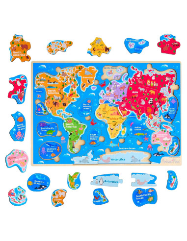Rompecabezas de Madera Montessori Mama Mapa Mundial 37.6x25.4 cm