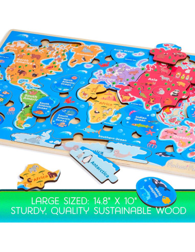 Rompecabezas de Madera Montessori Mama Mapa Mundial 37.6x25.4 cm