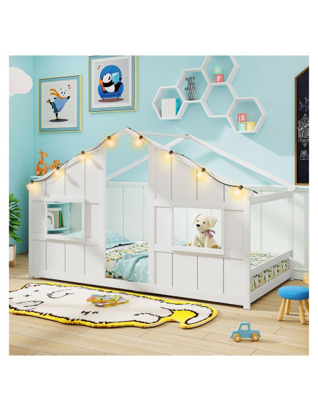 Cama Casa Infantil Twin Giantex con Luces LED - Madera Blanca