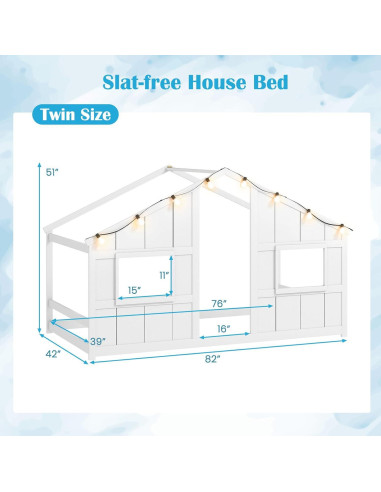 Cama Casa Infantil Twin Giantex con Luces LED - Madera Blanca