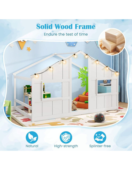 Cama Casa Infantil Twin Giantex con Luces LED - Madera Blanca