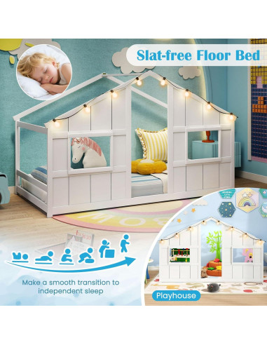 Cama Casa Infantil Twin Giantex con Luces LED - Madera Blanca