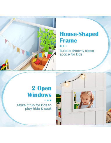 Cama Casa Infantil Twin Giantex con Luces LED - Madera Blanca