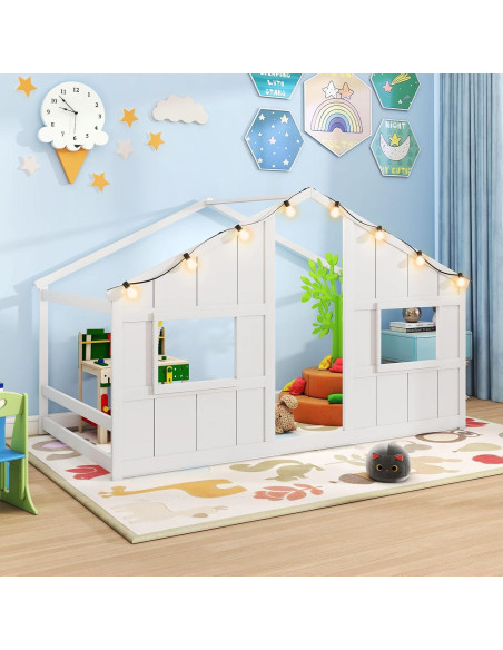 Cama Casa Infantil Twin Giantex con Luces LED - Madera Blanca