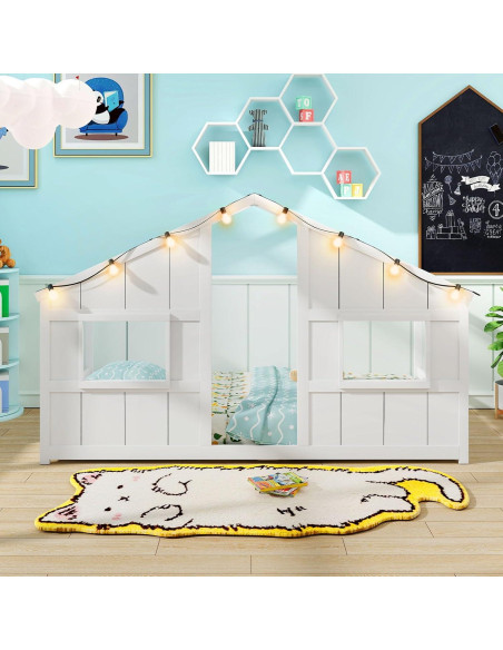 Cama Casa Infantil Twin Giantex con Luces LED - Madera Blanca