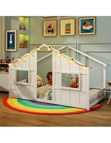 Cama Casa Infantil Twin Giantex con Luces LED - Madera Blanca