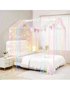 Cortinas de Cama Canopy Mengersi Twin XL Arcoíris con Luces 2