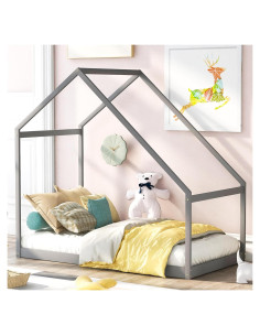 Cama Montessori Twin Bellemave de Madera con Techo Gris