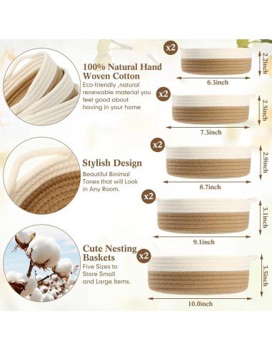 Cestas de Almacenamiento Sieral 10 Piezas Algodón Boho 5 Tamaños