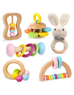Set de 6 Sonajeros de Madera TUOWITA para Bebés 0-12 Meses