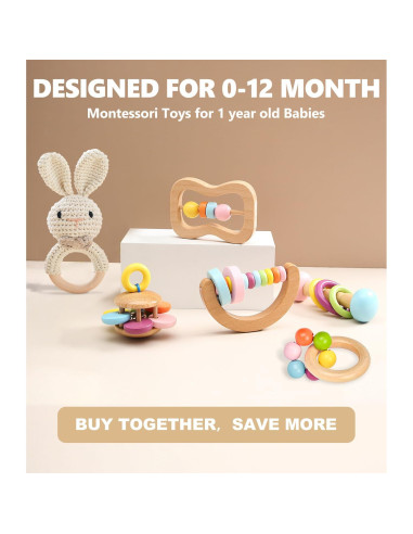 Set de 6 Sonajeros de Madera TUOWITA para Bebés 0-12 Meses