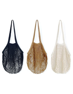 Set de 3 bolsas reutilizables de malla de algodón - Negro, Marrón, Beige