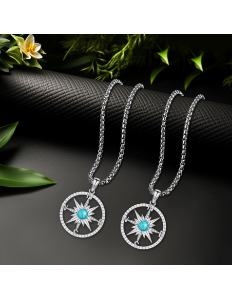 Collar de Brújula de Plata 925 con Turquesa y Cadena Ajustable