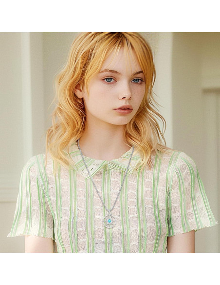 Collar de Brújula de Plata 925 con Turquesa y Cadena Ajustable