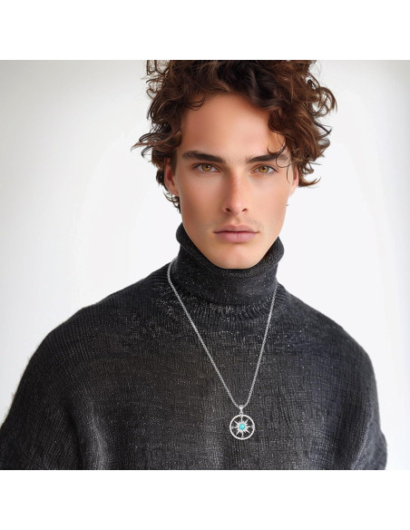 Collar de Brújula de Plata 925 con Turquesa y Cadena Ajustable