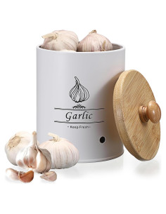Contenedor de Ajo de Metal Grande BSTKEY con Tapa de Madera