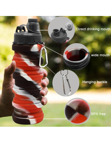 Botella de Agua Plegable WATMHHJQ 500ml Silicona A-Negro Rojo