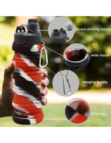 Botella de Agua Plegable WATMHHJQ 500ml Silicona A-Negro Rojo