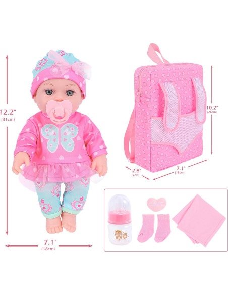 Muñeca de Bebé DONTNO 30 cm con Ropa y Mochila Accesorios
