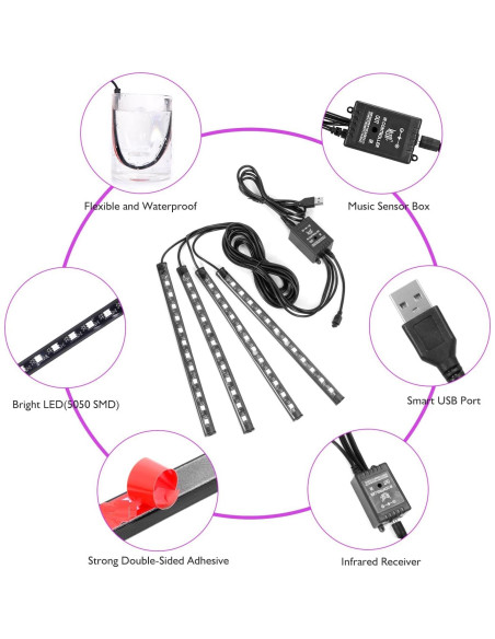 Luces LED de tira SUNNEST 48 LEDs multicolor para coche