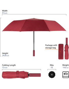 Paraguas Plegable Leaeel Rojo Automático UV 50+ 10 Varillas 2
