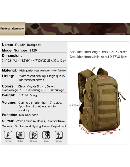 Mochila Táctica Huntvp 10L Marrón Oscuro MOLLE 24.89x37.10cm