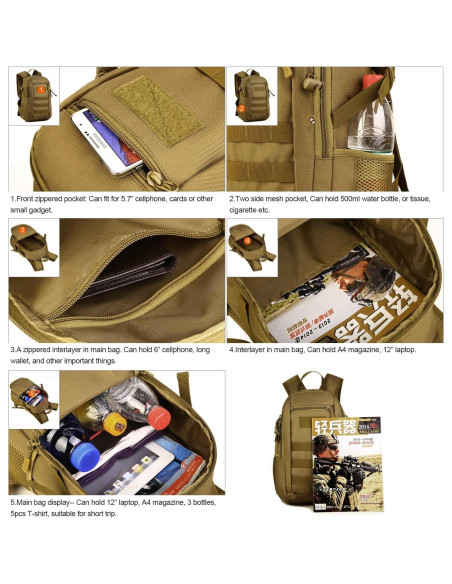 Mochila Táctica Huntvp 10L Marrón Oscuro MOLLE 24.89x37.10cm