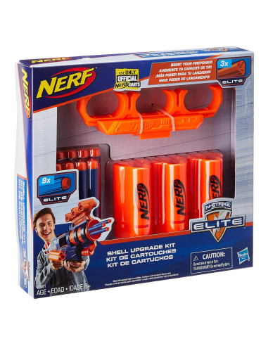 Kit Mejora Nerf: 3 Conchas, 9 Dardos Elite, Soporte